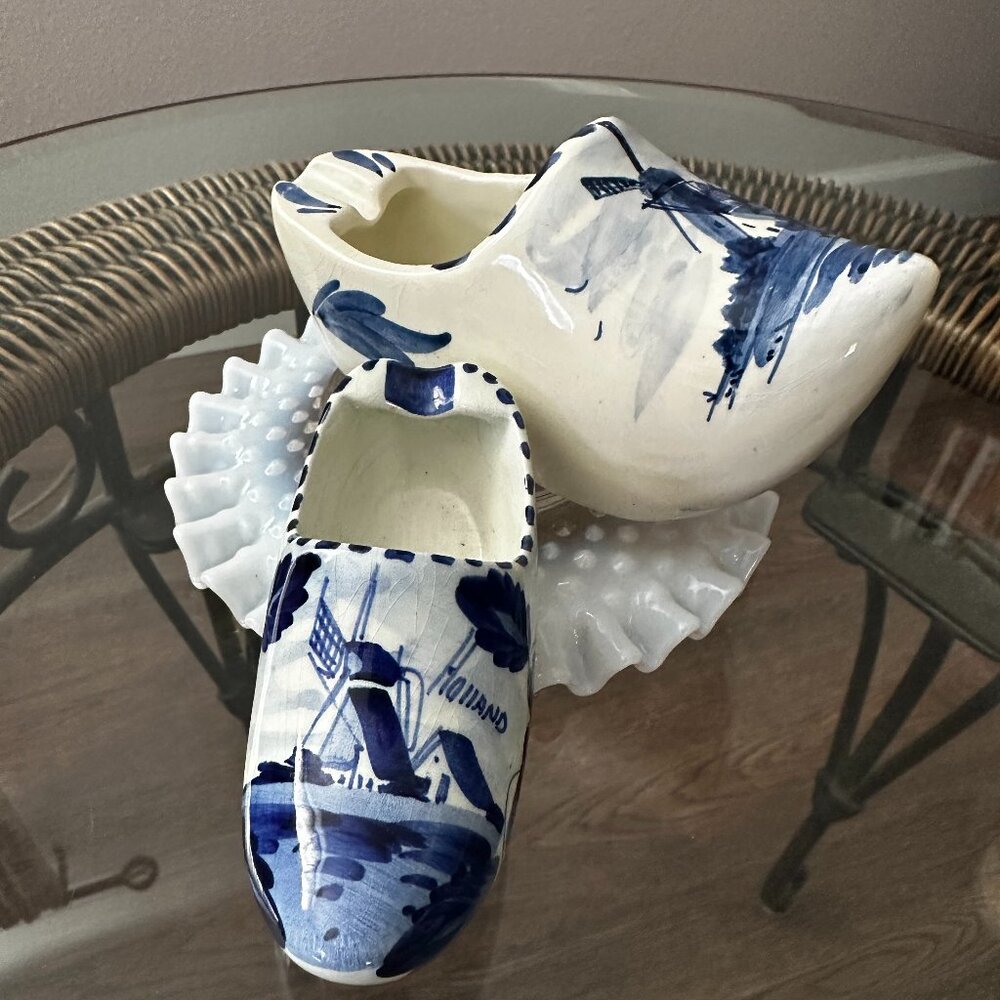 Mid 20th Century "DELFT" Holland Blue & White Ceramic Clog Set of 2 Smoke Shoe's